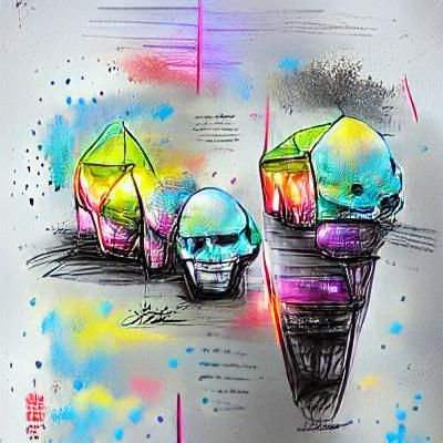 Neon Skulls Walking: Detailed Watercolor Concept Art