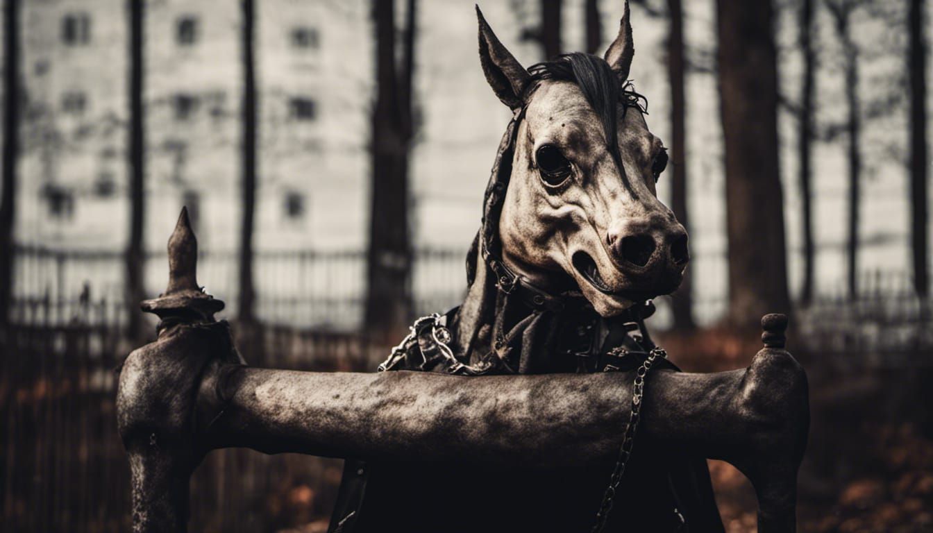 Scary Horse-Headed Dog Walks on Halloween Street