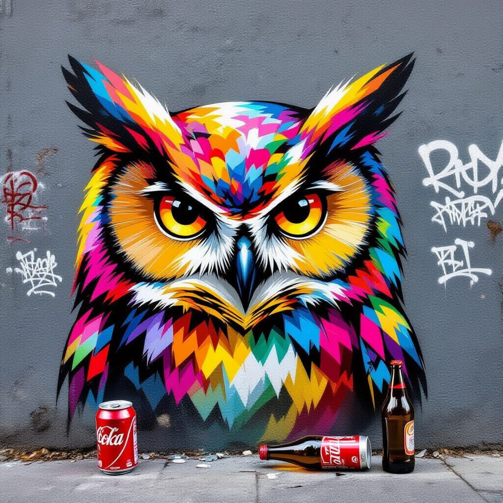 Colorful Graffiti Owl on Gray Wall with Urban Debris