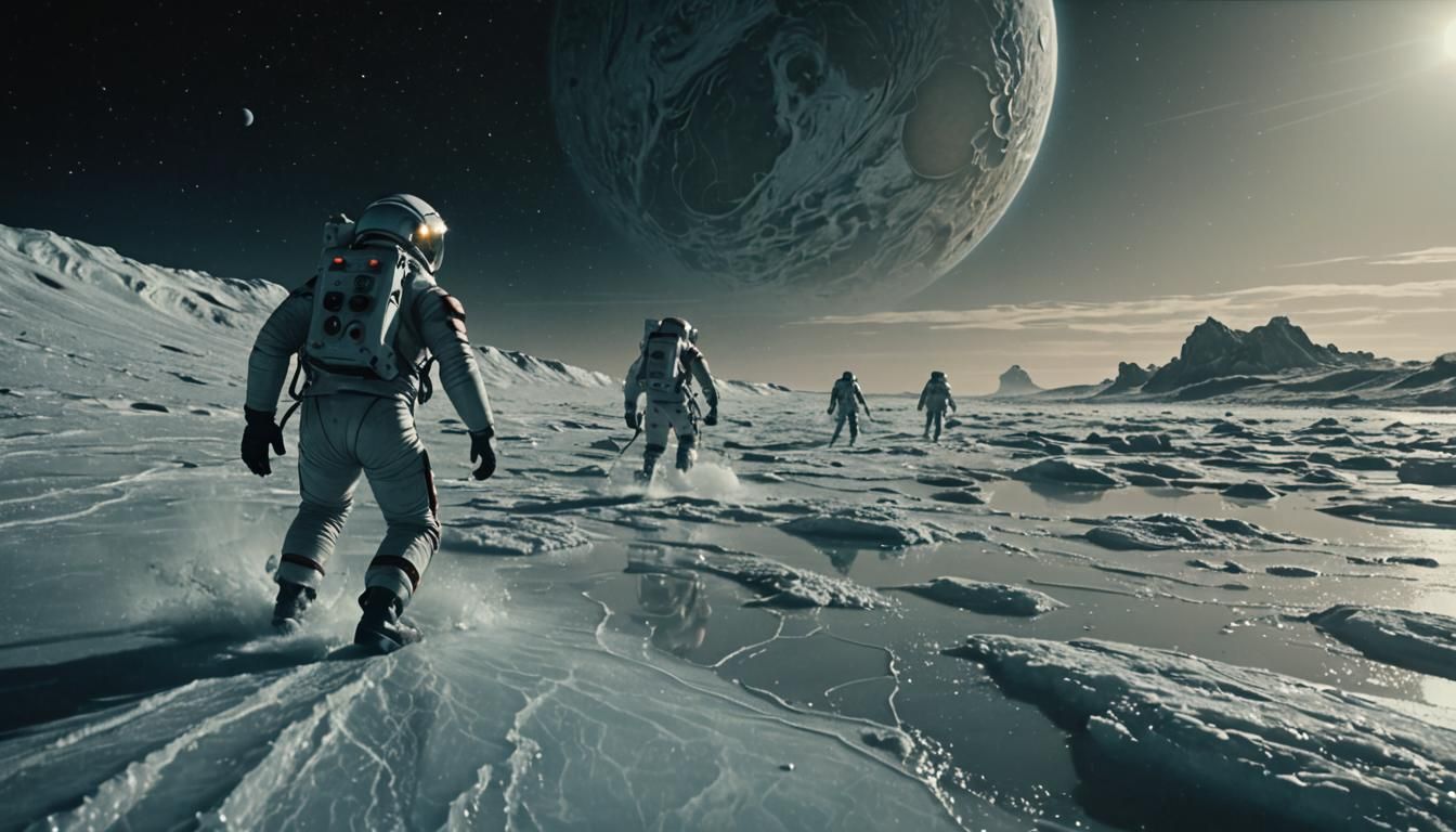 Astronauts Surf Europa's Icy Waves: Cinematic Still