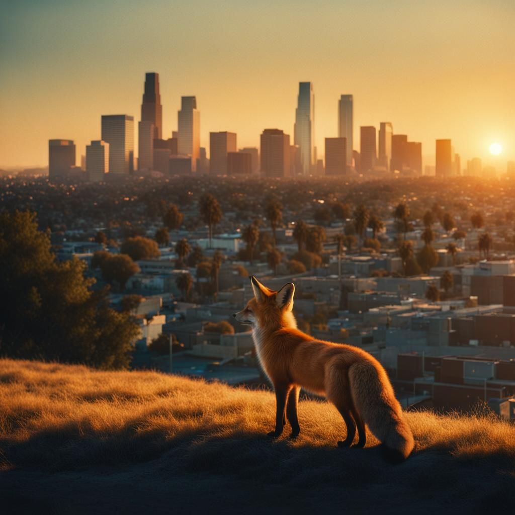 Fox Overlooks California Skyline in Cinematic Style