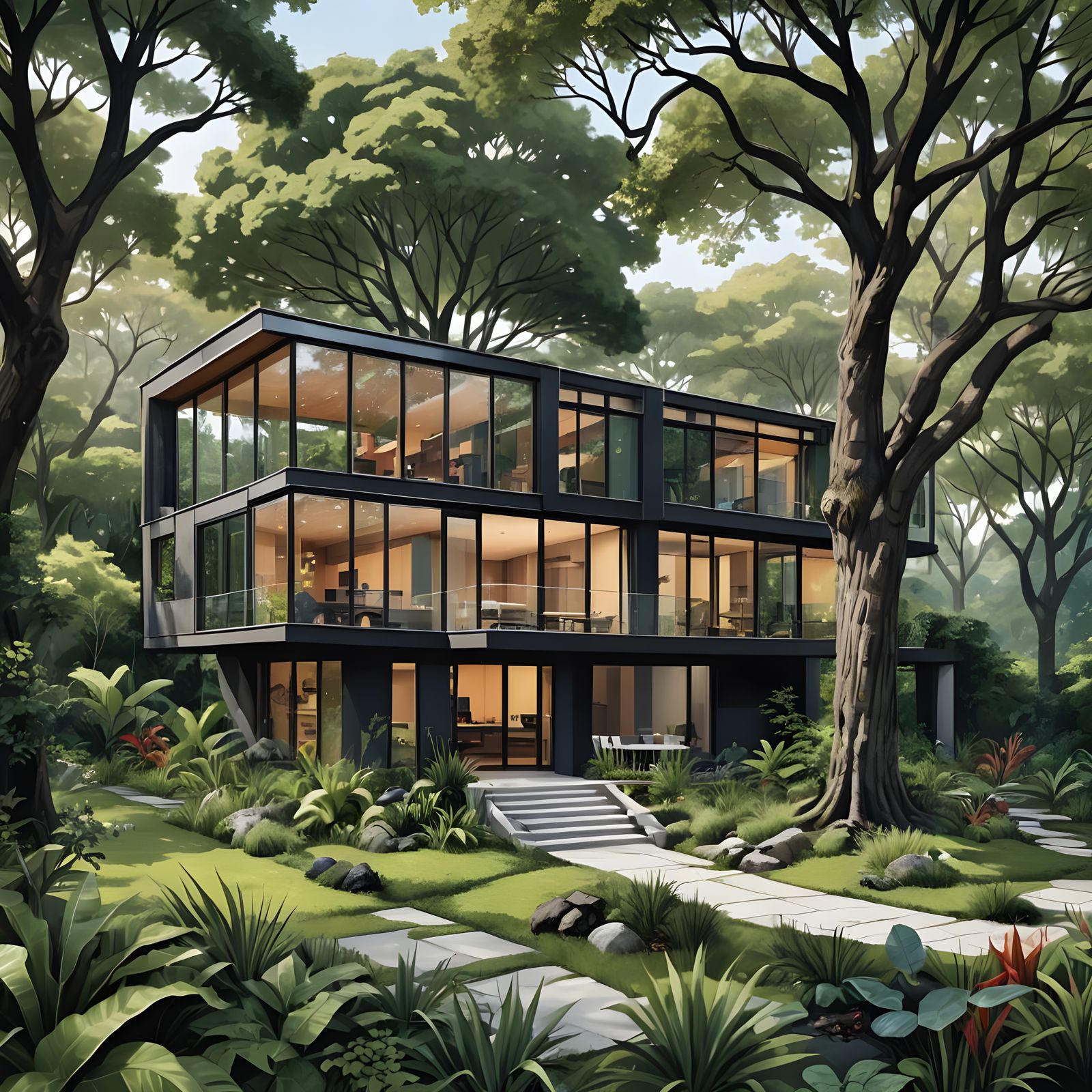 Modern House Amidst Lush Vegetation in Splash Art Style