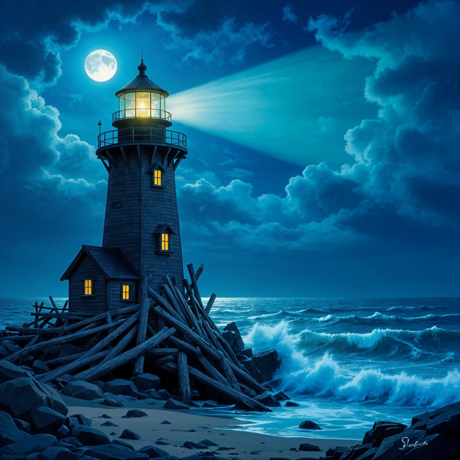 Bioluminescent Lighthouse in Stormy Moonlight