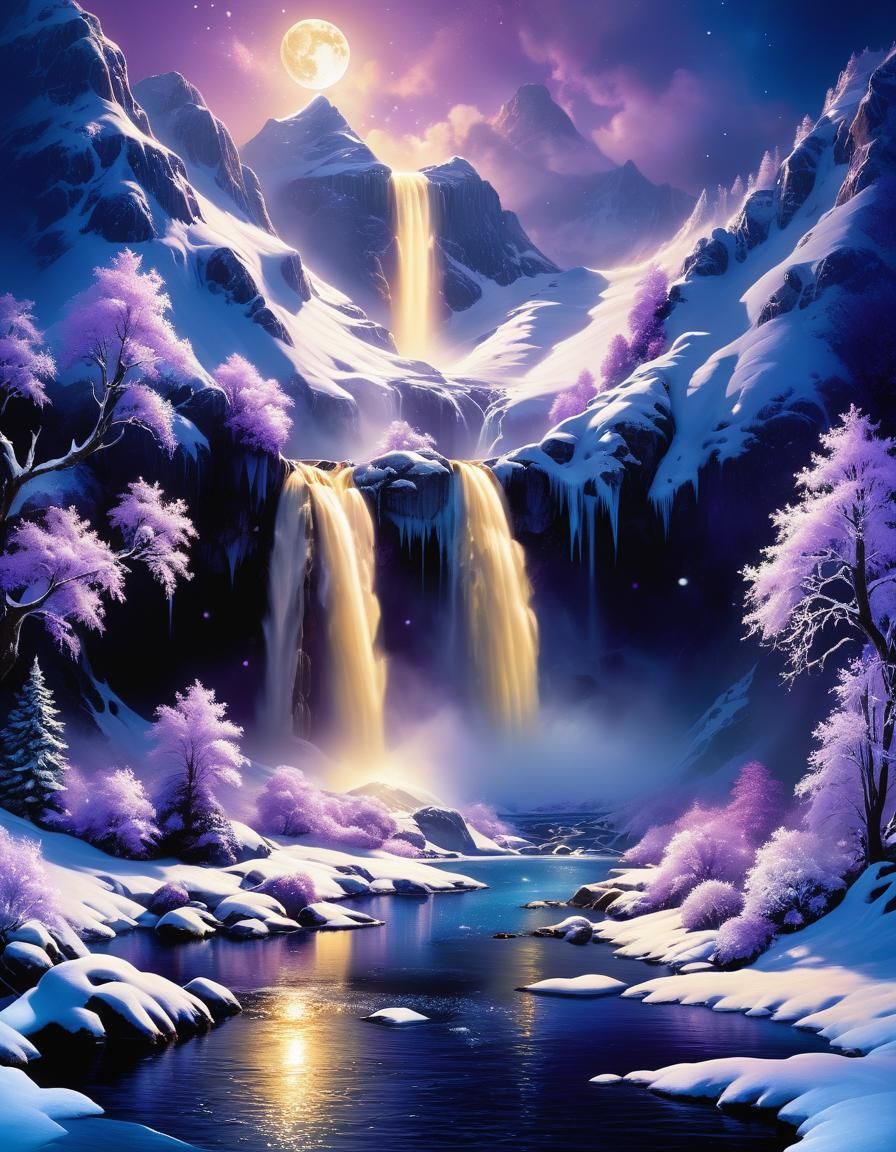 Luminous Winter Waterfall in Digital Painting Style