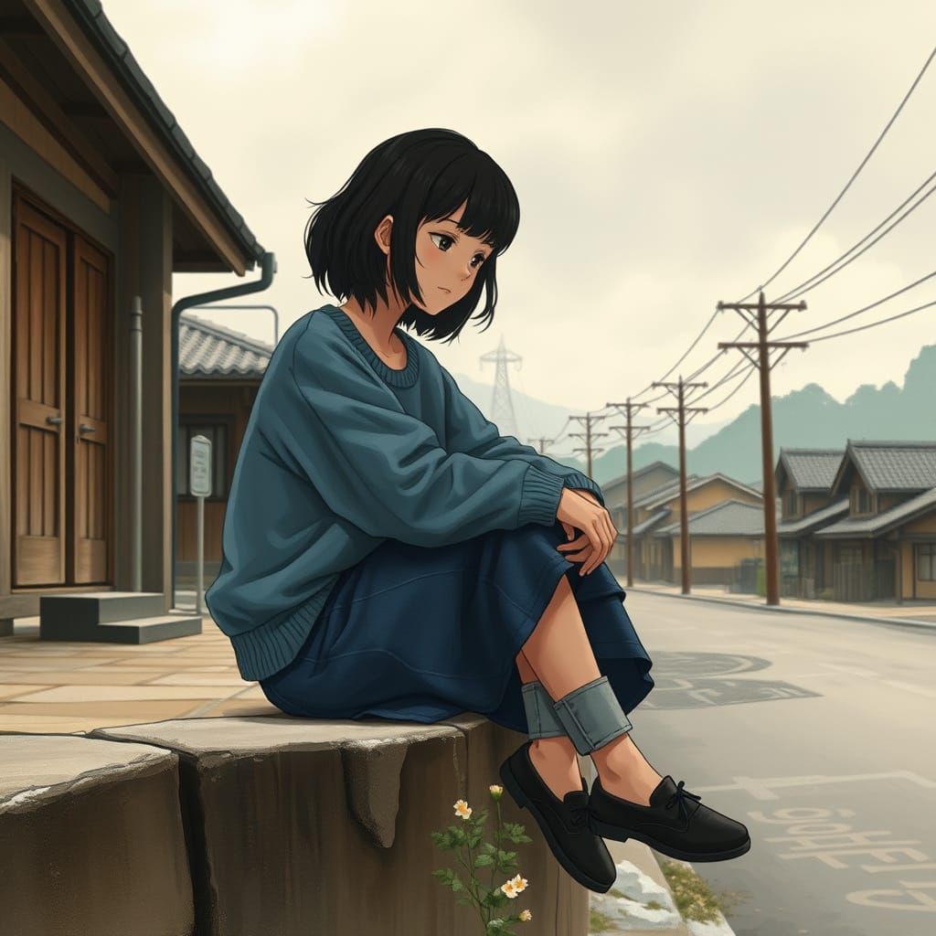 Woman in Japanese Village: Ghibli-Inspired Watercolor