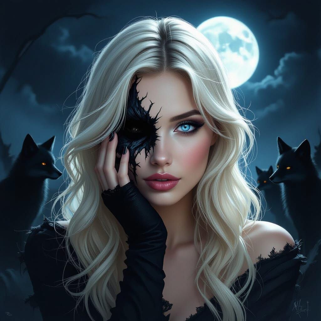 Dark Fantasy Portrait of a Disfigured Woman with Foxes