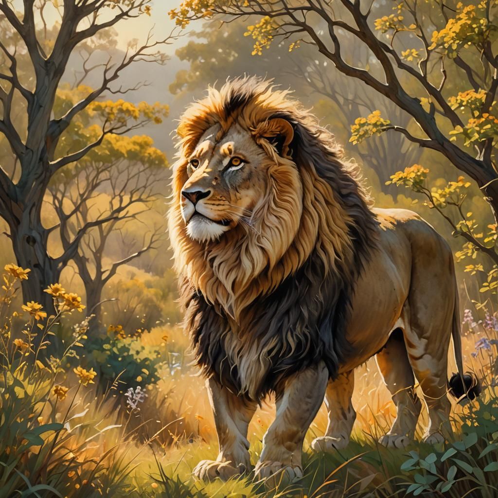 Regal Lion with Crown in Golden Sunlight
