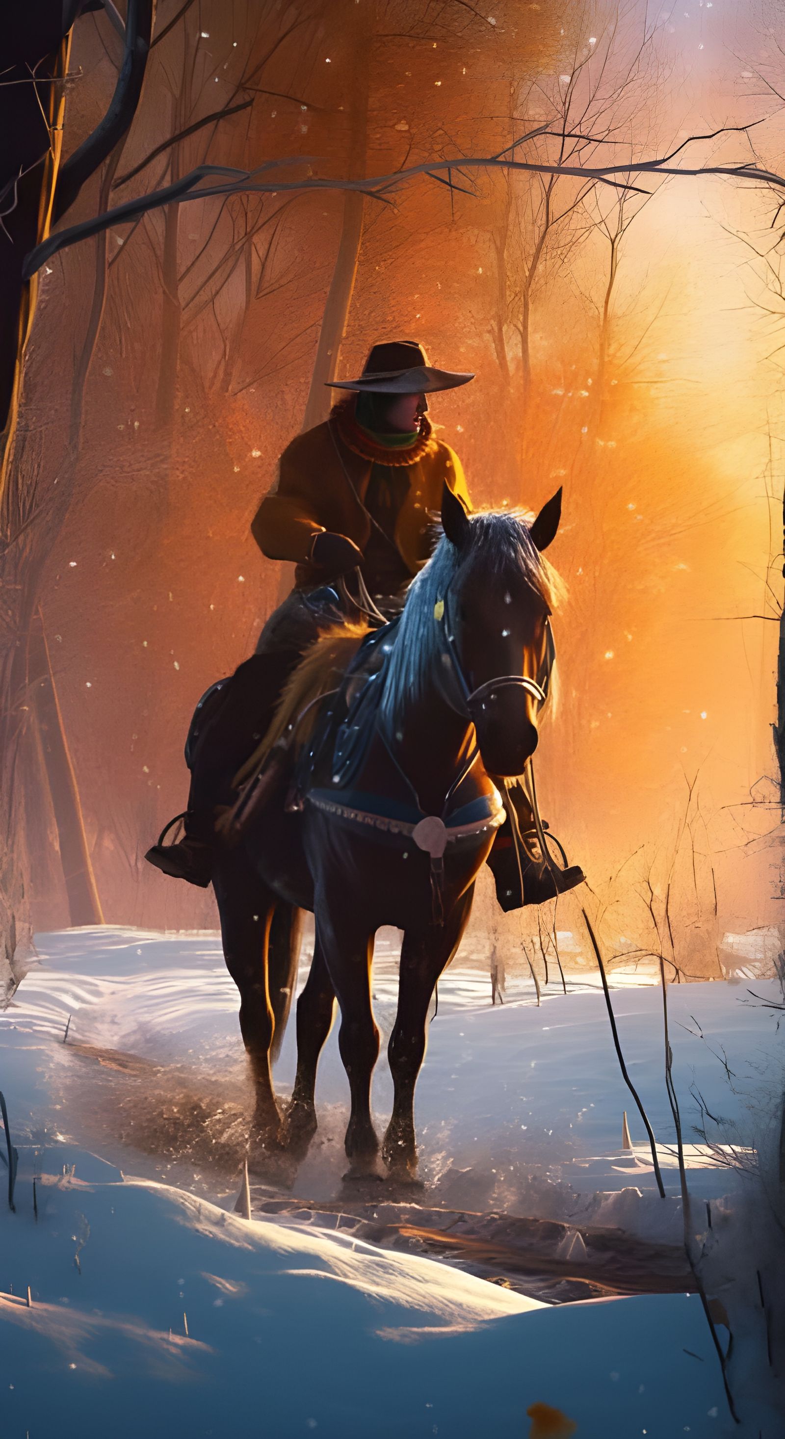 Cowboy in Snowy Sunset, Moebius Style
