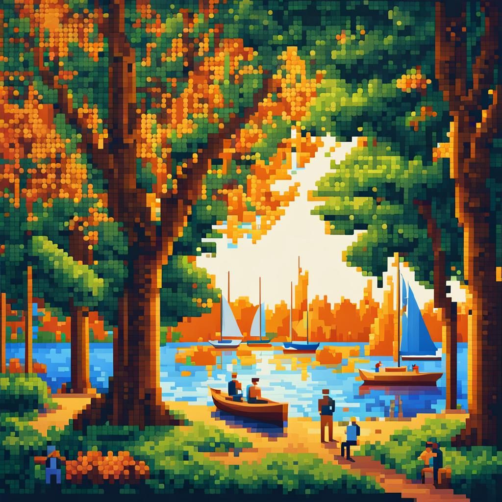 Pixel Art Park Scene in Pointillist Style