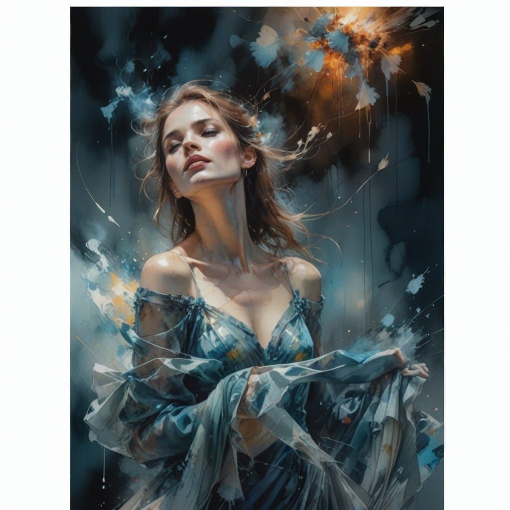 Smoky Woman in Gown, Watercolor and Texture