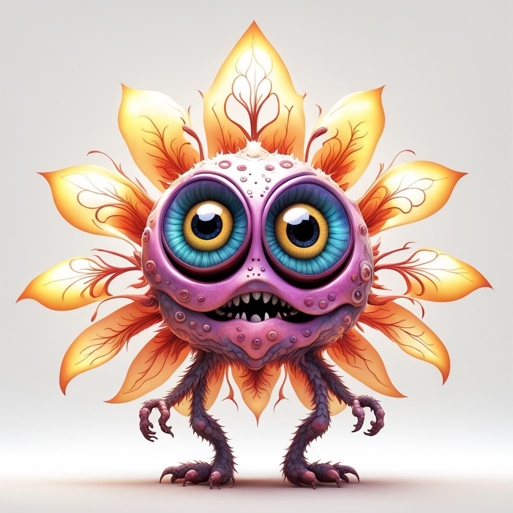 cute fantasy flower monster with large eyes full body extremely detailed 3D animation symmetrical centred lots of light ...