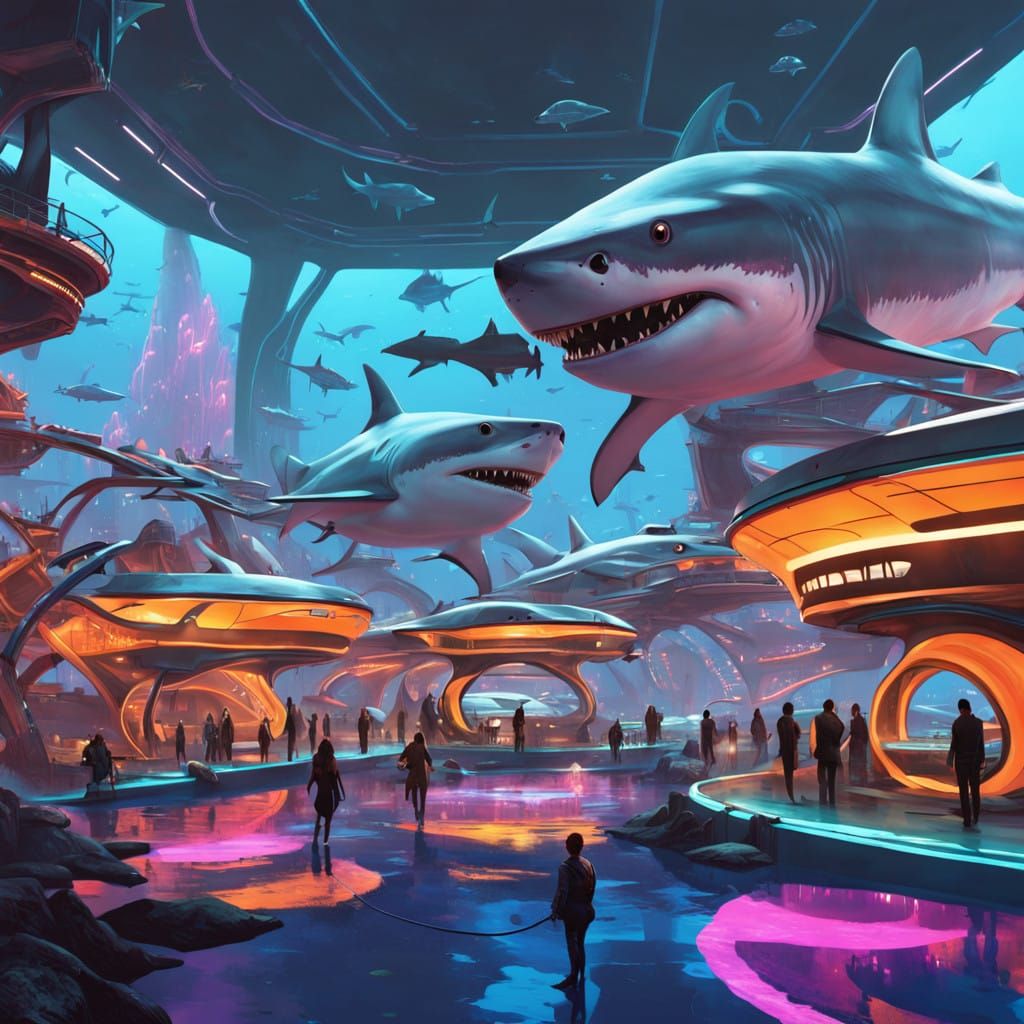 Futuristic Underwater Theme Park with Neon-Lit Structures an...