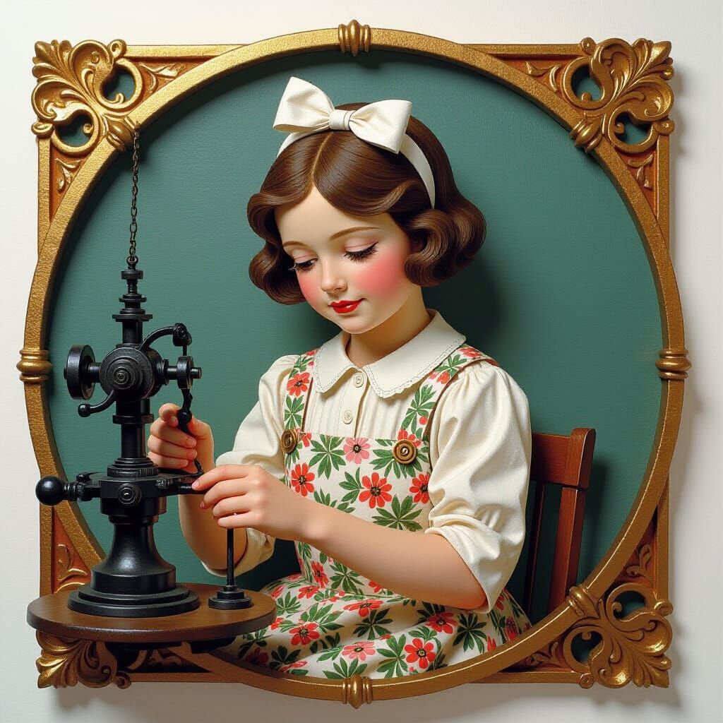 Art Nouveau 3D Image of Girl Working in Mill