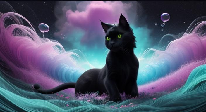 Black Cat Rides Unicorn in Cosmic Candy Land