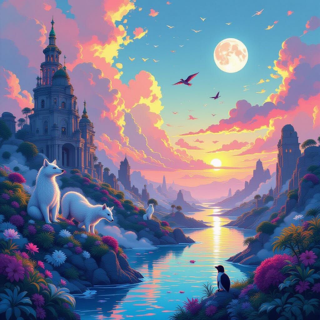 Dreamlike Landscape with Fantastical Creatures