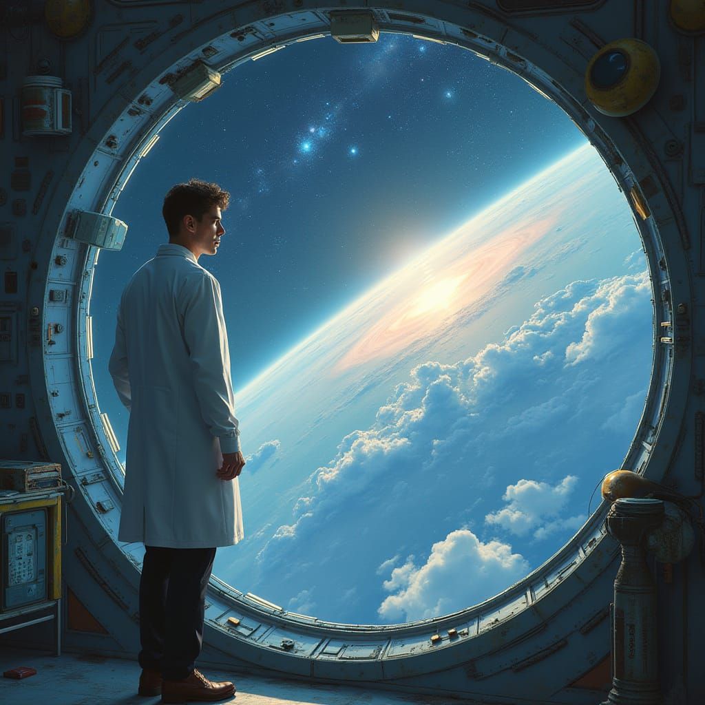 Scientist in Futuristic Starship Contemplates Cosmos