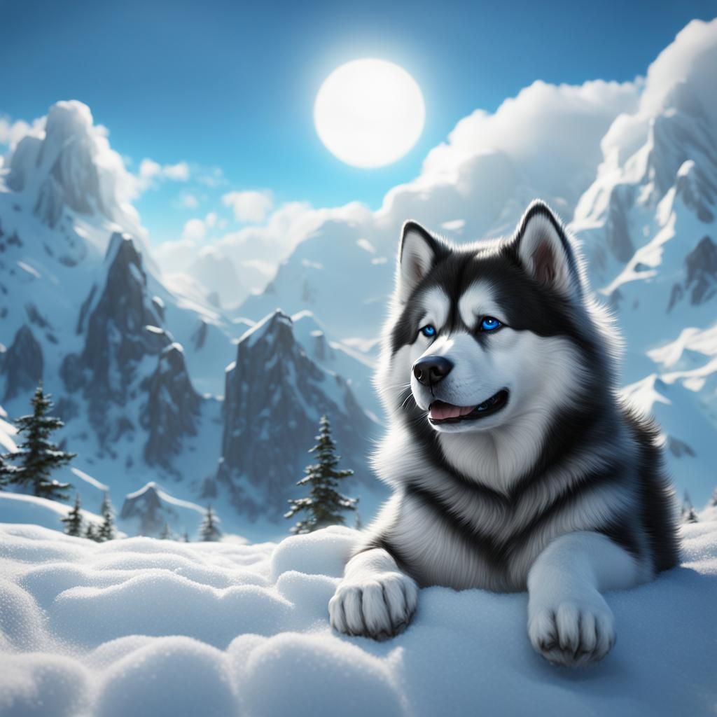 Alaskan Malamute with Blue Eyes in Snowy Landscape