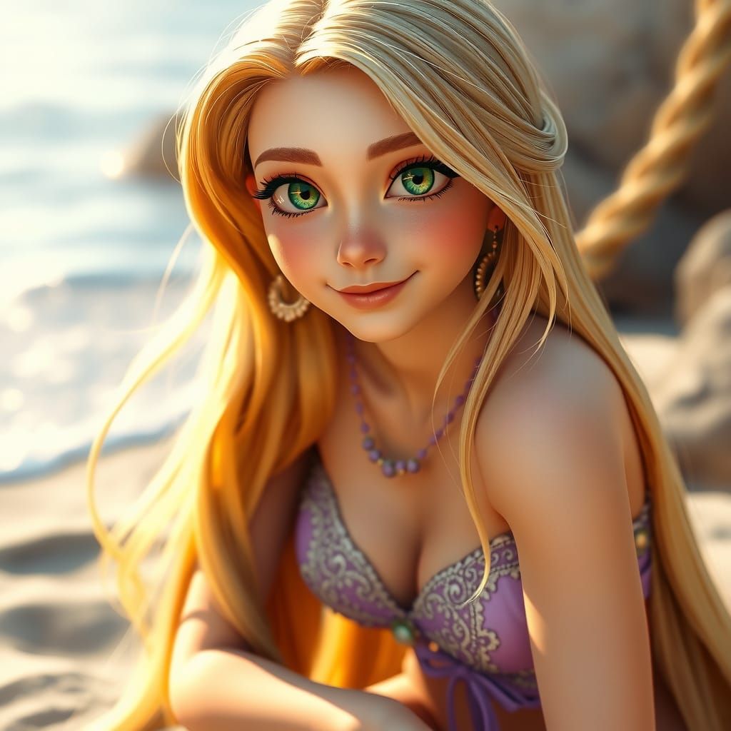 Rapunzel at the Beach in Sumptuous Bikini