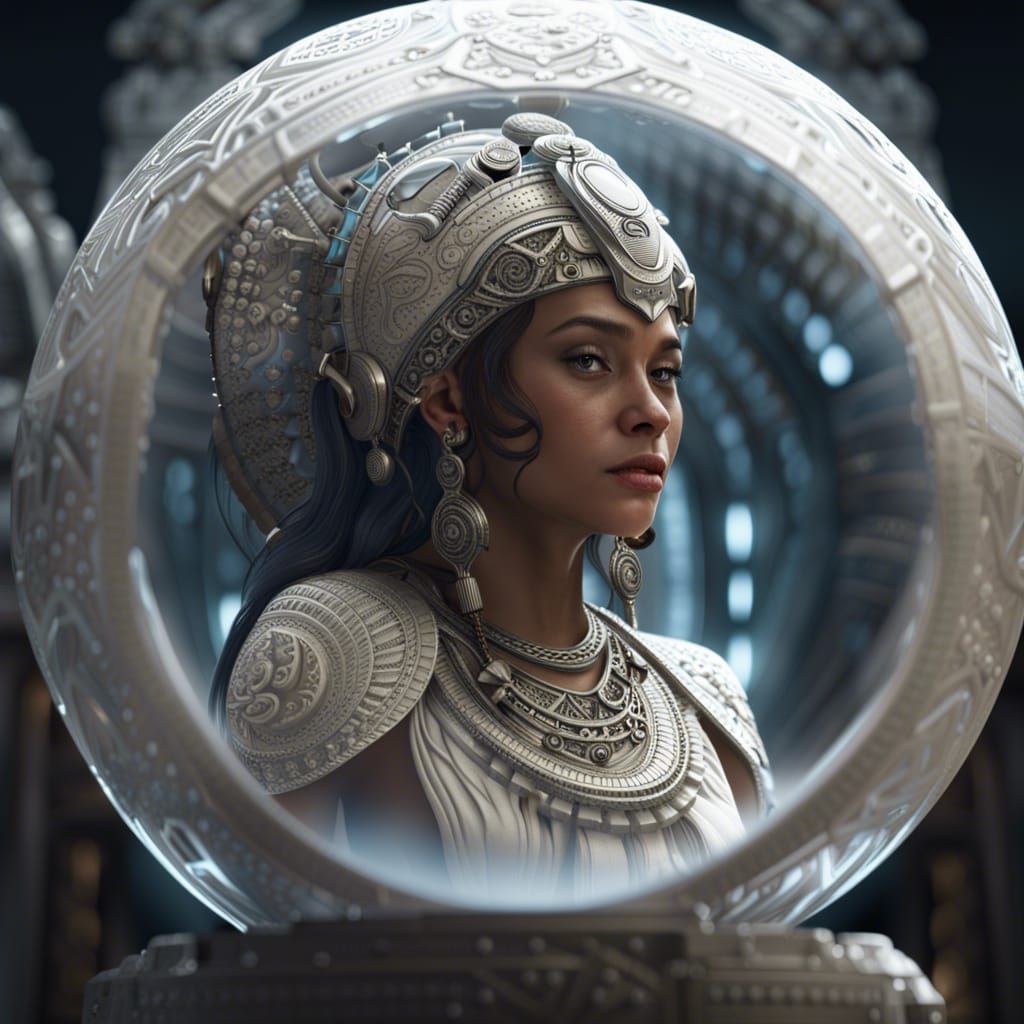 Mayan Princess Gazing Through Glass Sphere, 3D Render