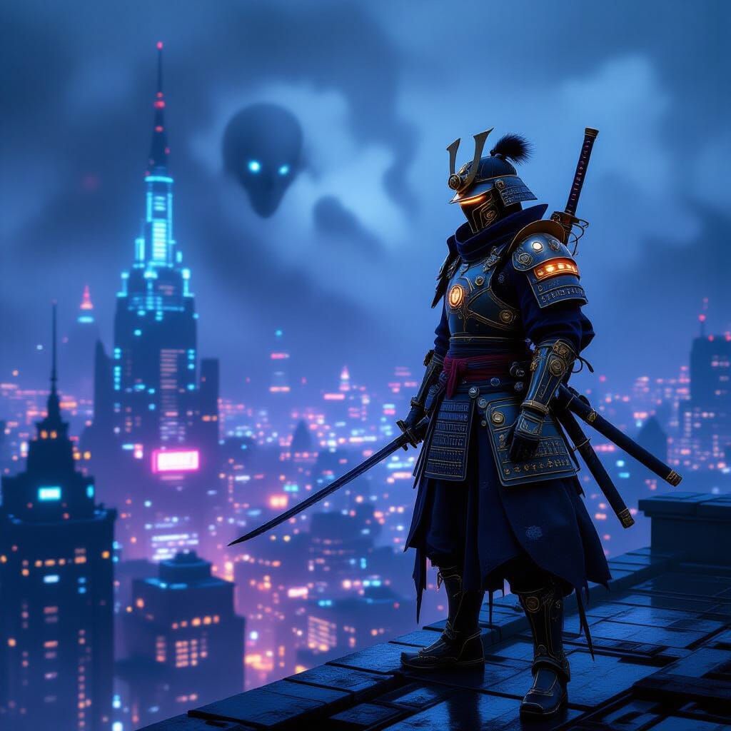 Steampunk Samurai in Cyberpunk Cityscape