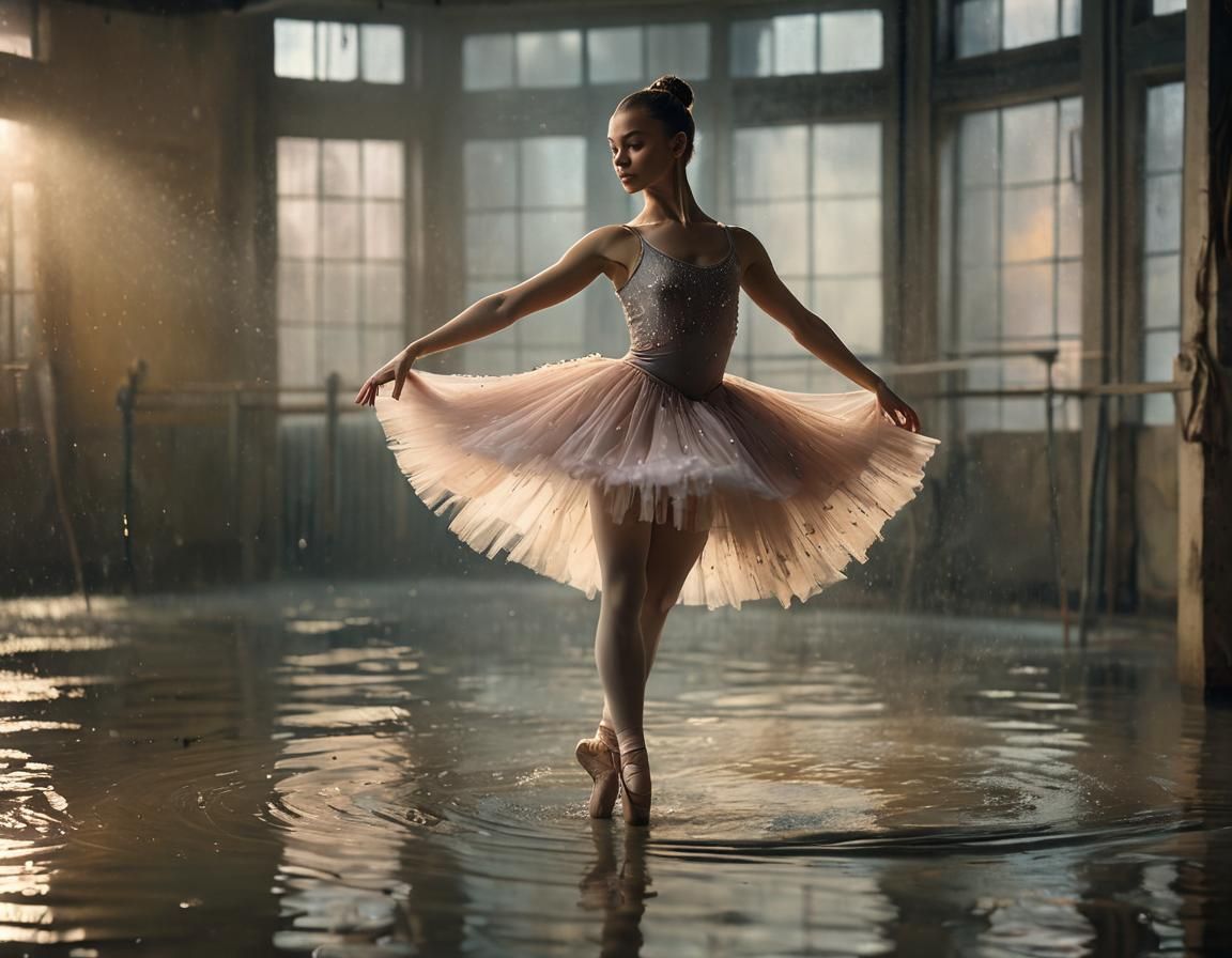 Ballerina in Flooded Studio: Cinematic Film Still