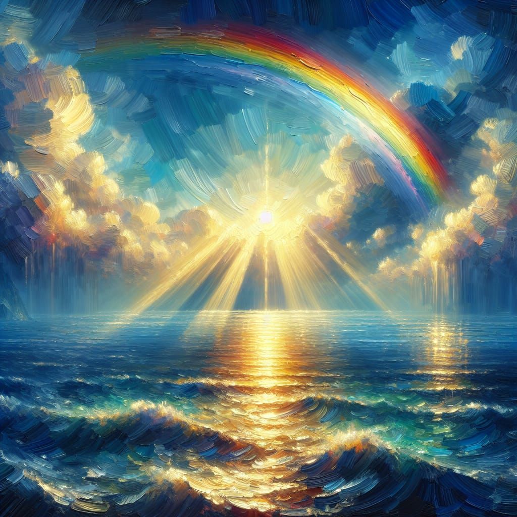 Radiant Rainbow Over Ocean: Impasto Painting