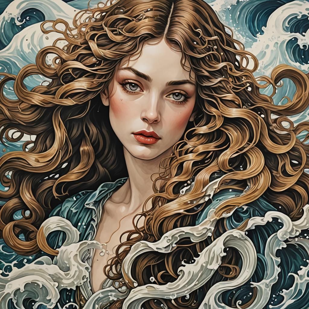 Ocean Waves in European Ink Print Style