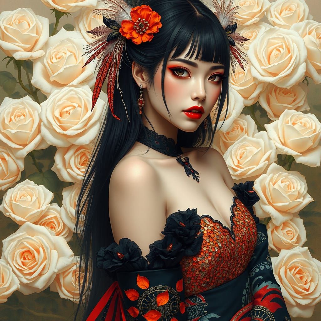 Ethereal Gothic Geisha Vampire in Feathers and Roses