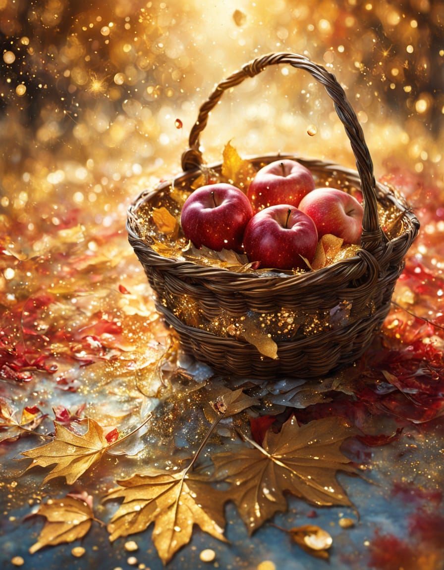 Macro Autumn Harvest: Dewy Leaves and Apples