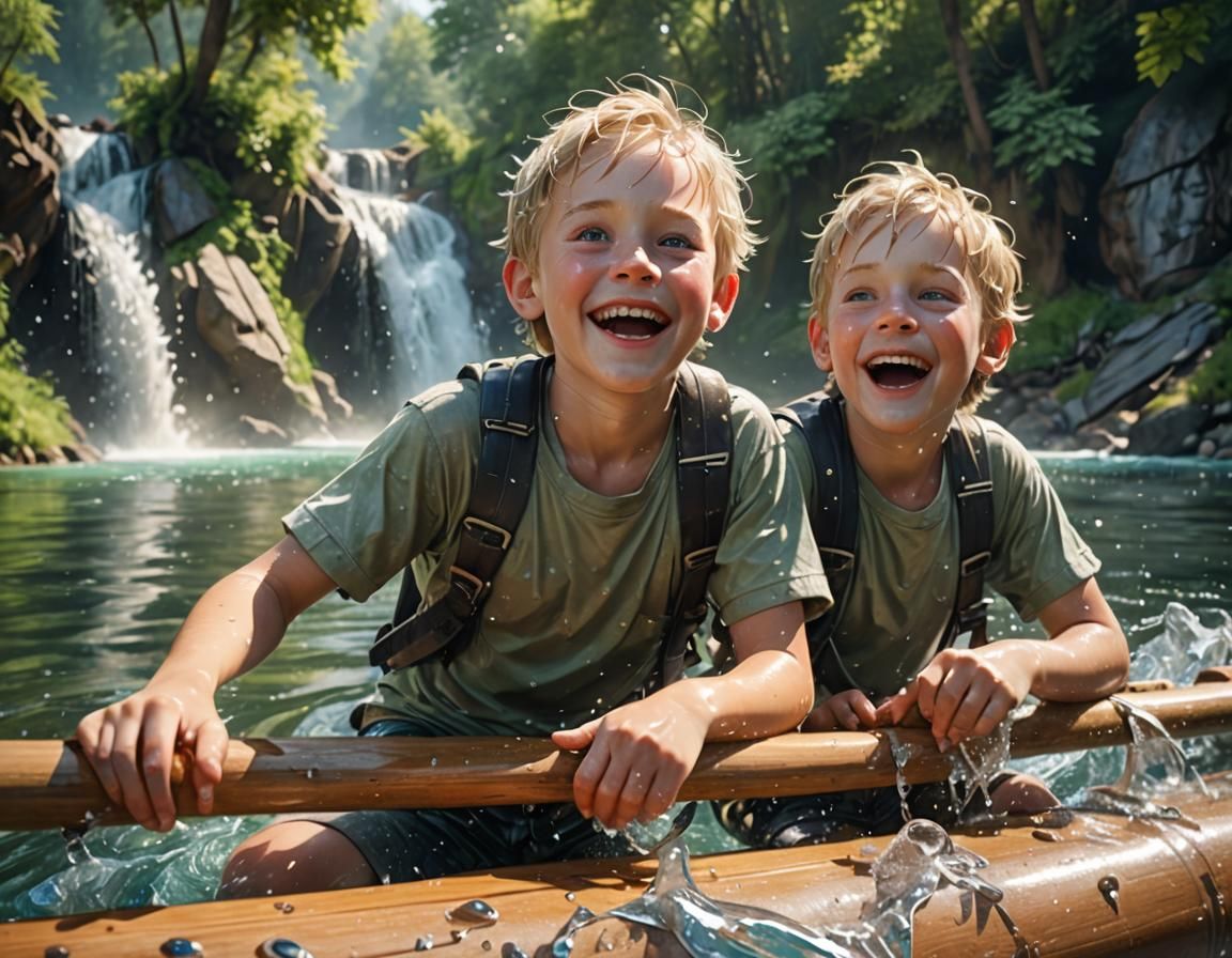 Boys on Raft in Dreamy Cartoon Landscape