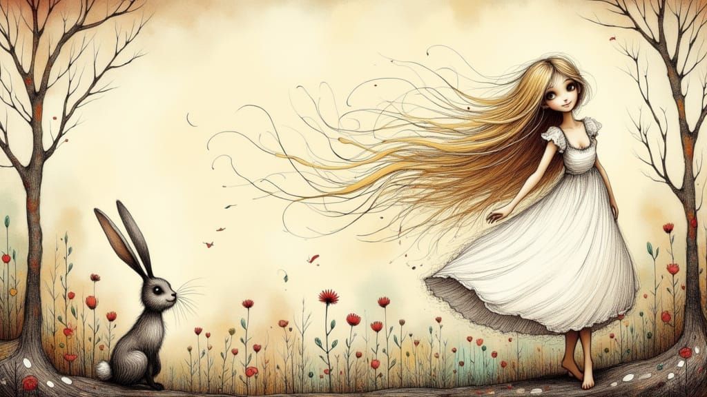 Fairytale Woman in Forest, Watercolor Style