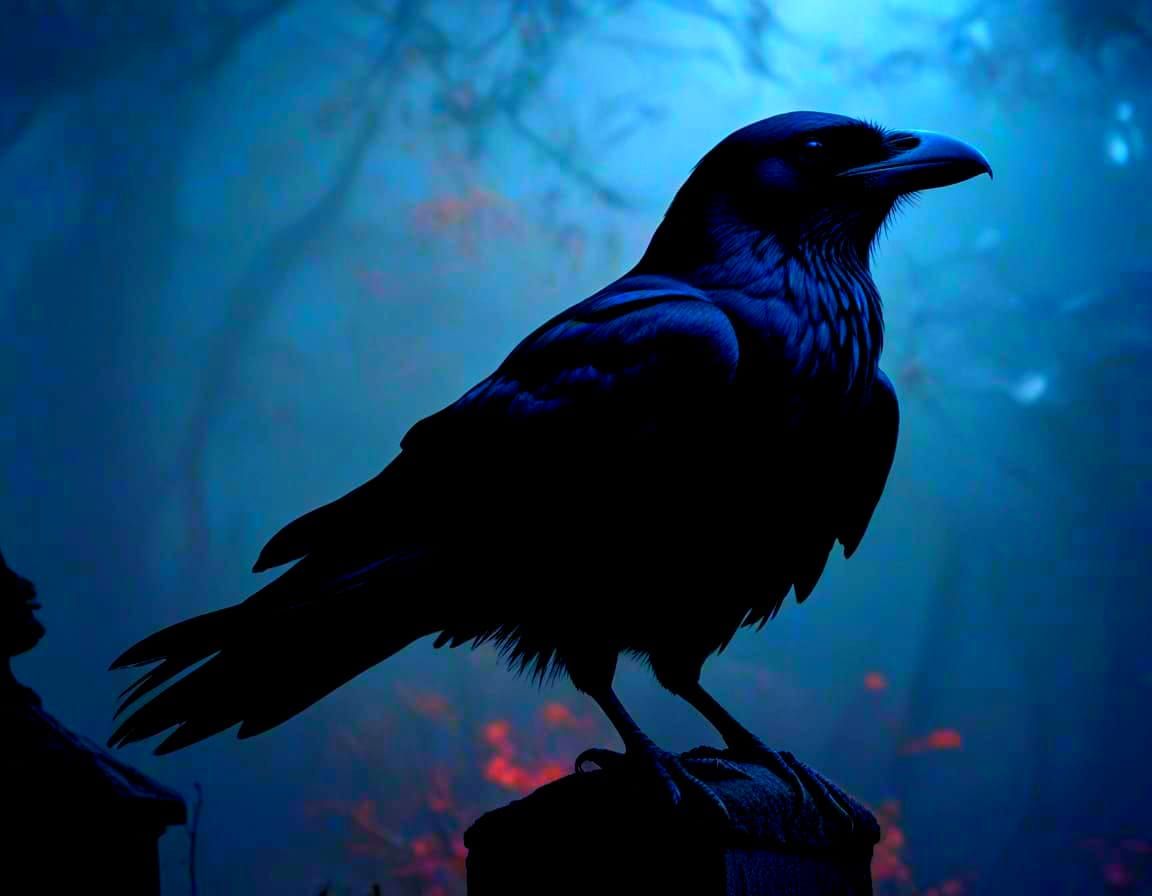 Majestic Crow Leaves Black Rose on Autumn Night