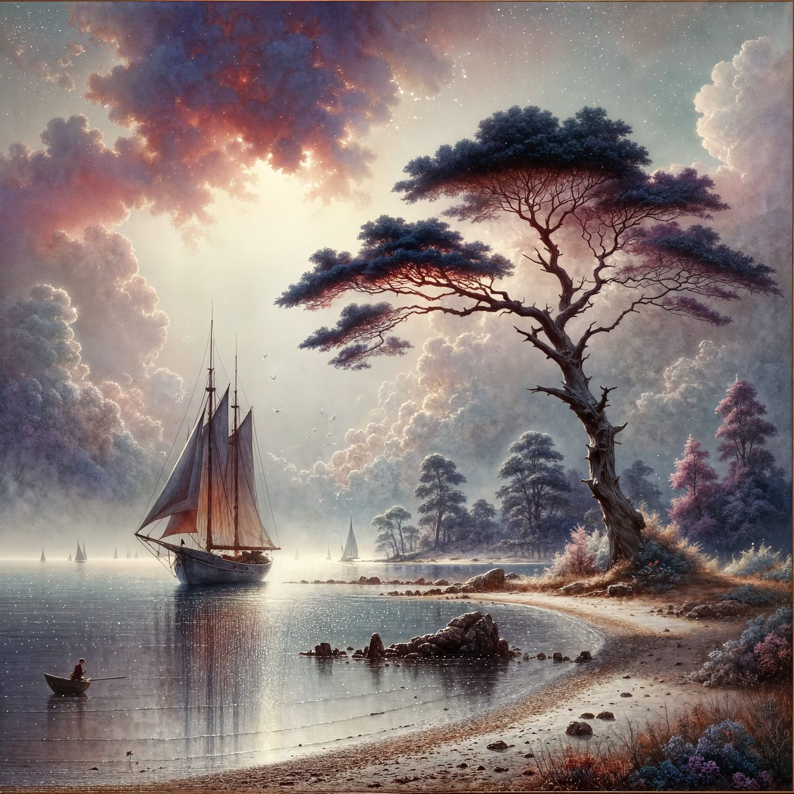 Seashore Scene with Sailboat in Watercolor Style