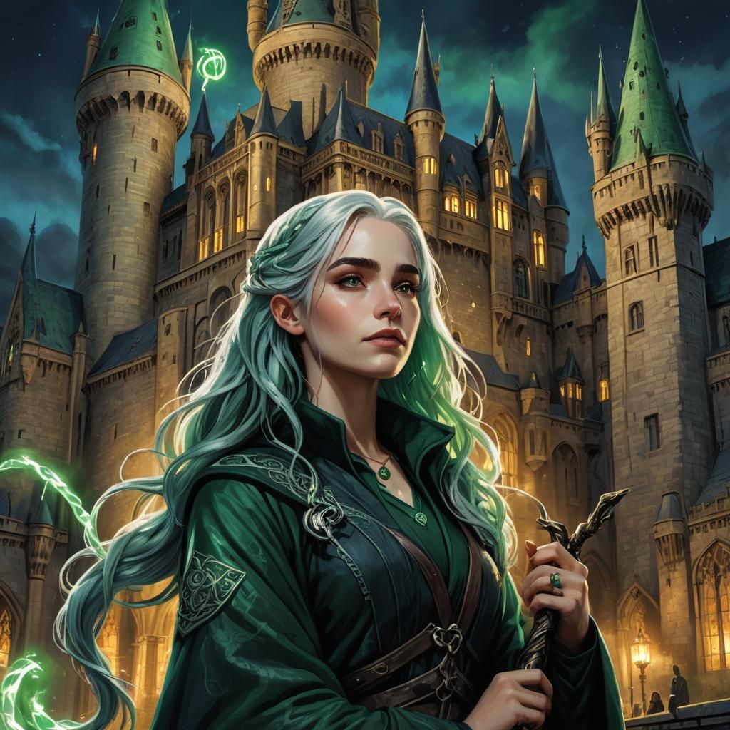 Mystical Slytherin Girl with Serpent Wand