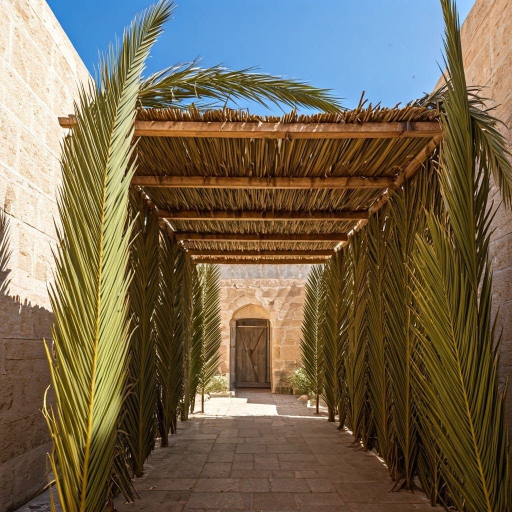Sunlit Sukkah in Courtyard with Palm Branch Roof