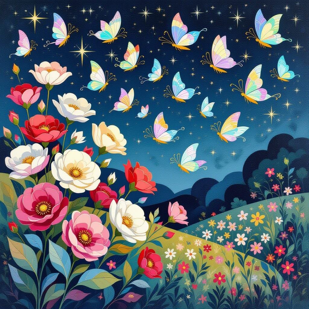 Iridescent Fairies Take Flight from Star-Lit Flowers