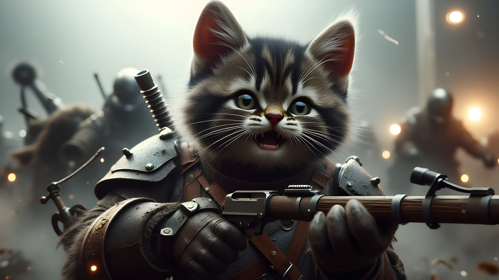 Anime-Style Kitten Warrior in Weathered Power Armor