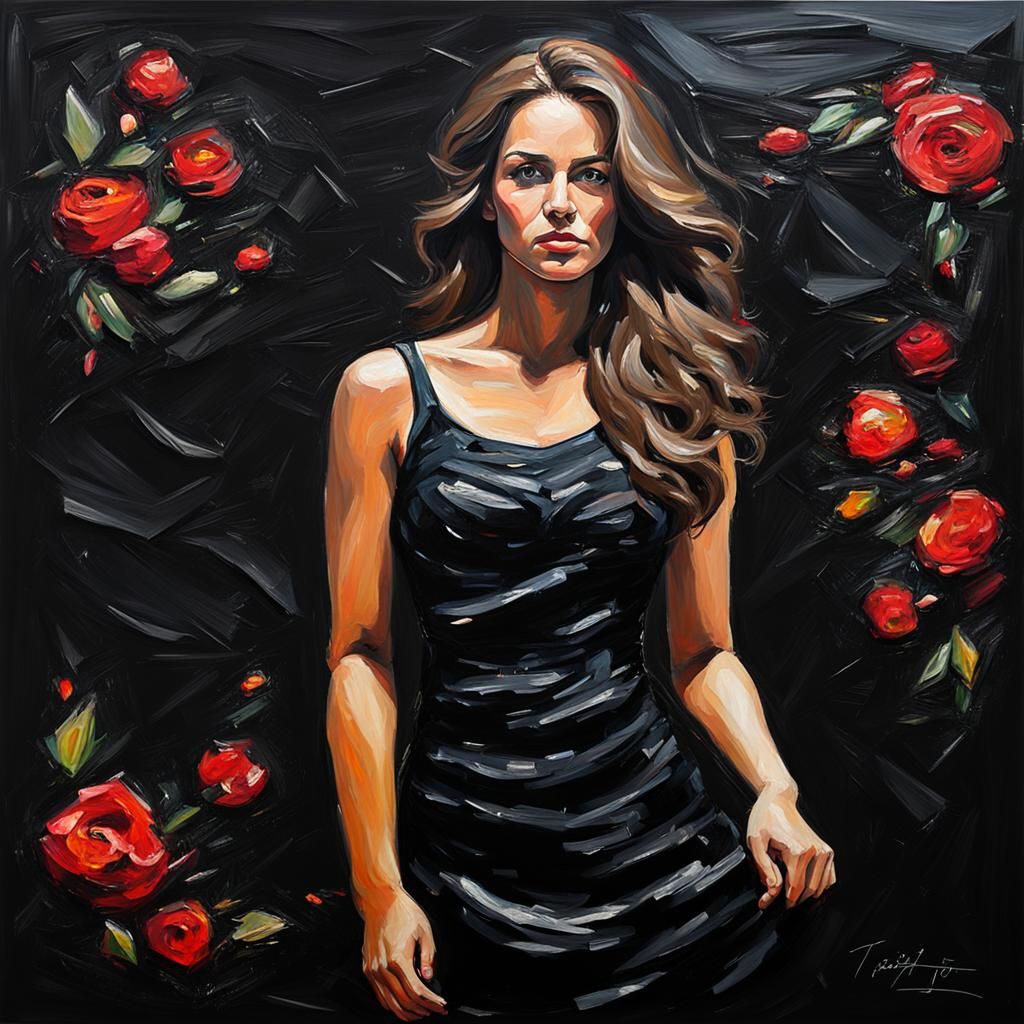 Woman in Black Dress: Impasto Oil Painting