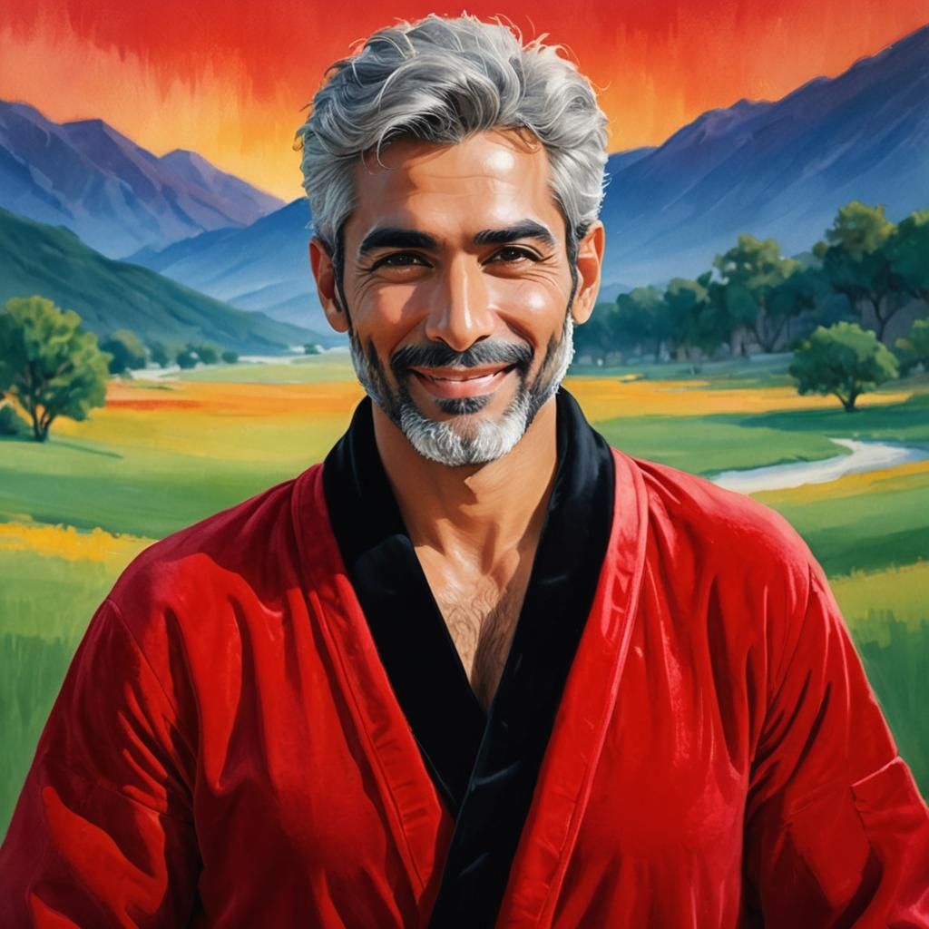 Smiling Man in Red Velvet Robe as Oil Painting