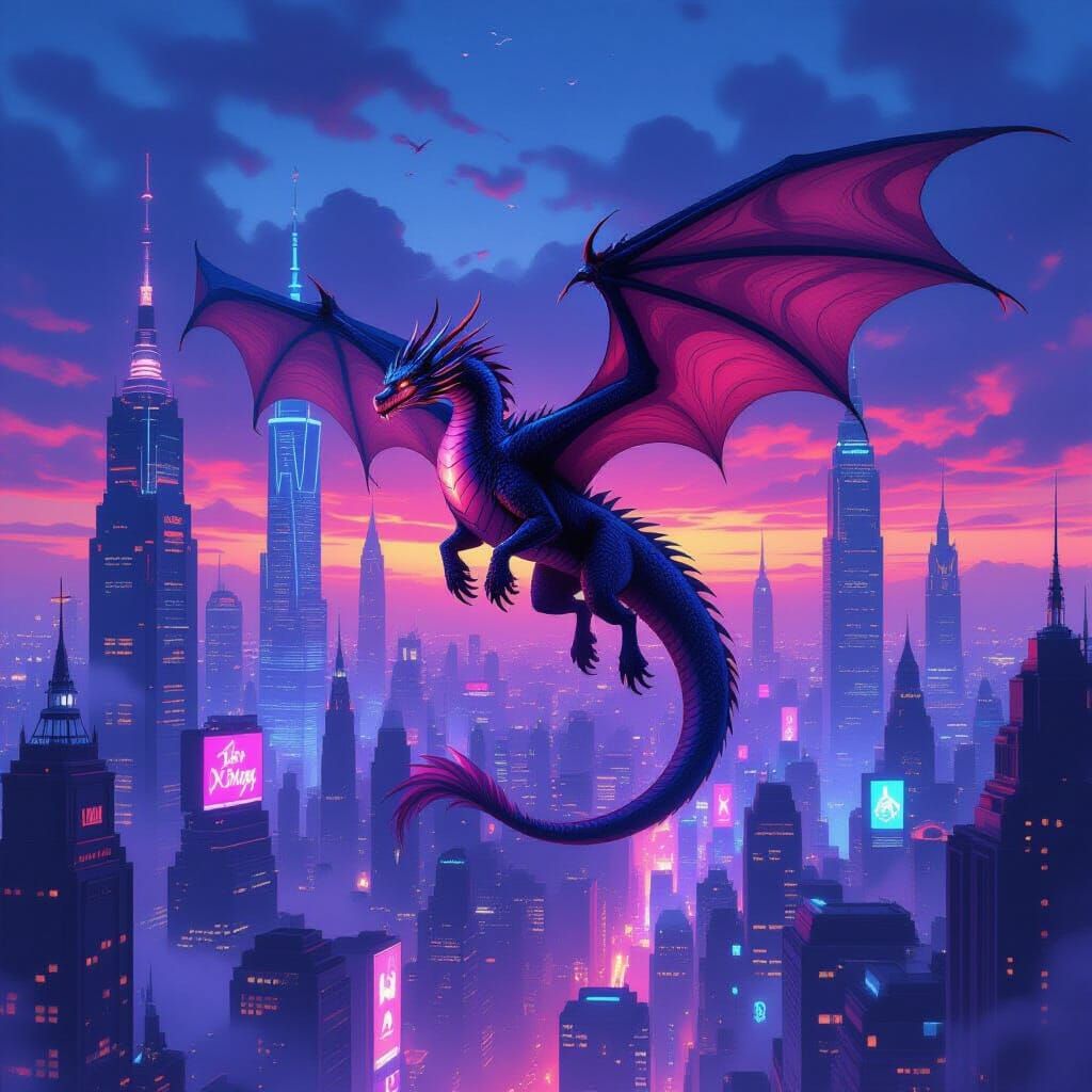Dragon Soars Over Neon Metropolis in Dark Fantasy Style