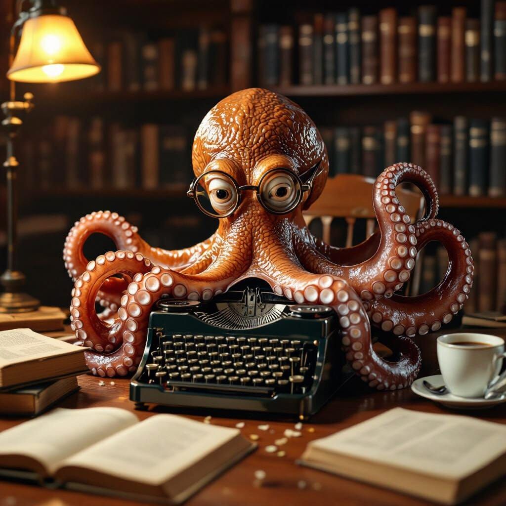 Octopus Typist in Library, Hyperrealistic Style