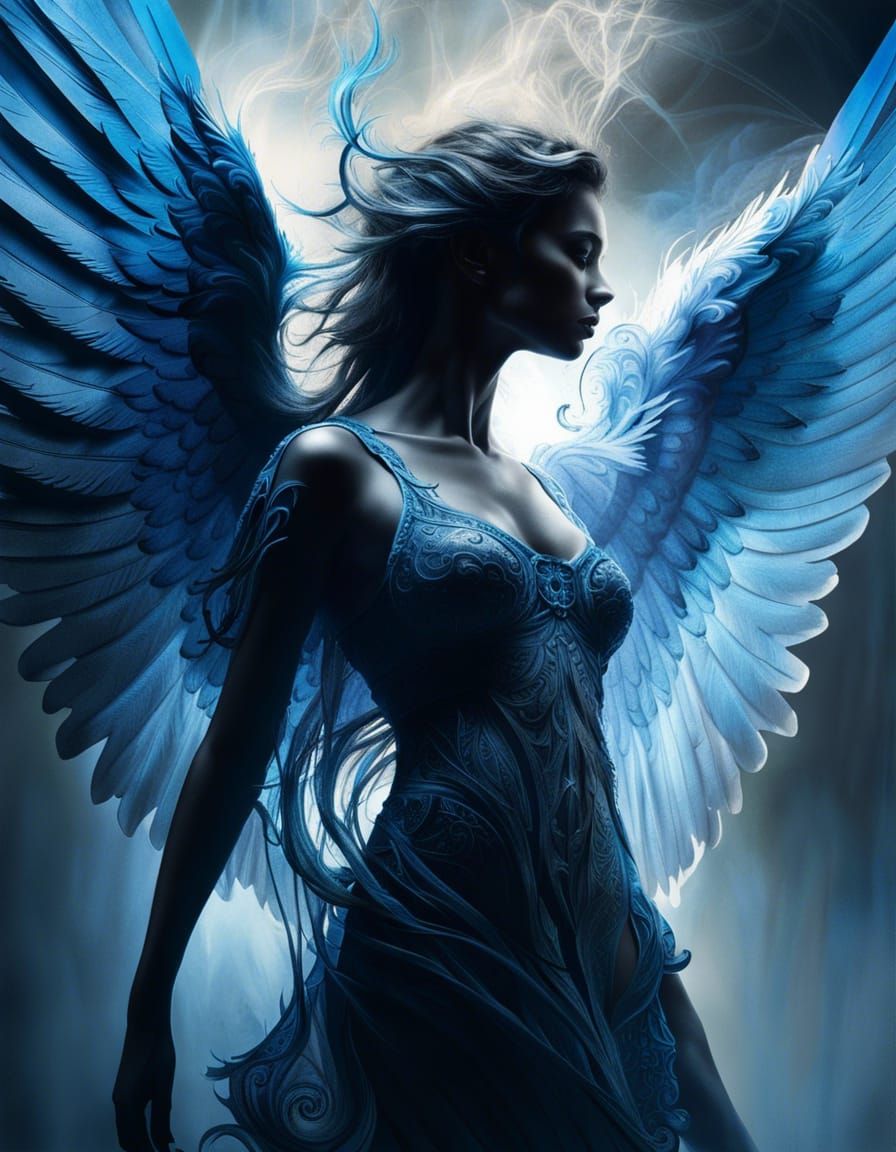 Silhouette of an Angel with broad angel wings, blue tones hi...