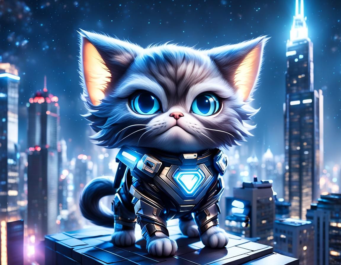 Chibi Cat Superhero Overlooking Futuristic Metropolis