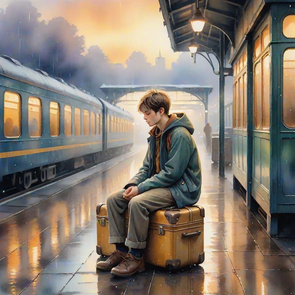 Sleepy Boy Napping on Suitcases in Dreamy Train Station