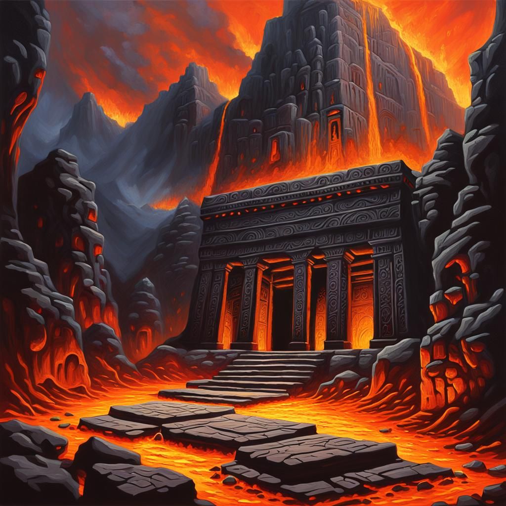 Fiery Cavern Temple with Stone Tablet