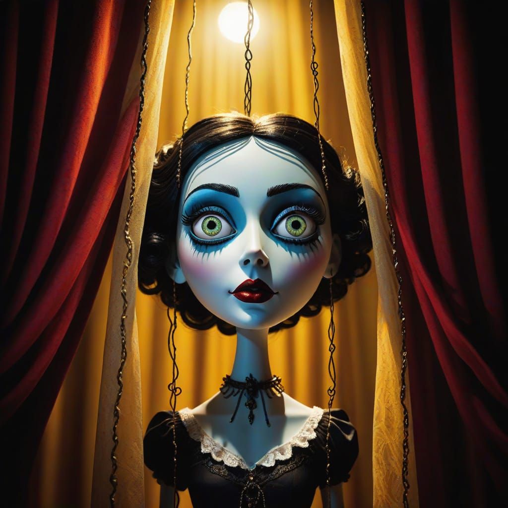 Surrealist Puppet Emerges from Theatre Curtain