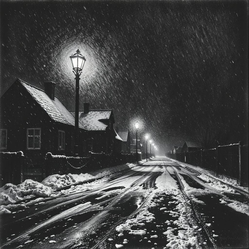 Dark Snowy Street Scene in Charcoal Drawing Style
