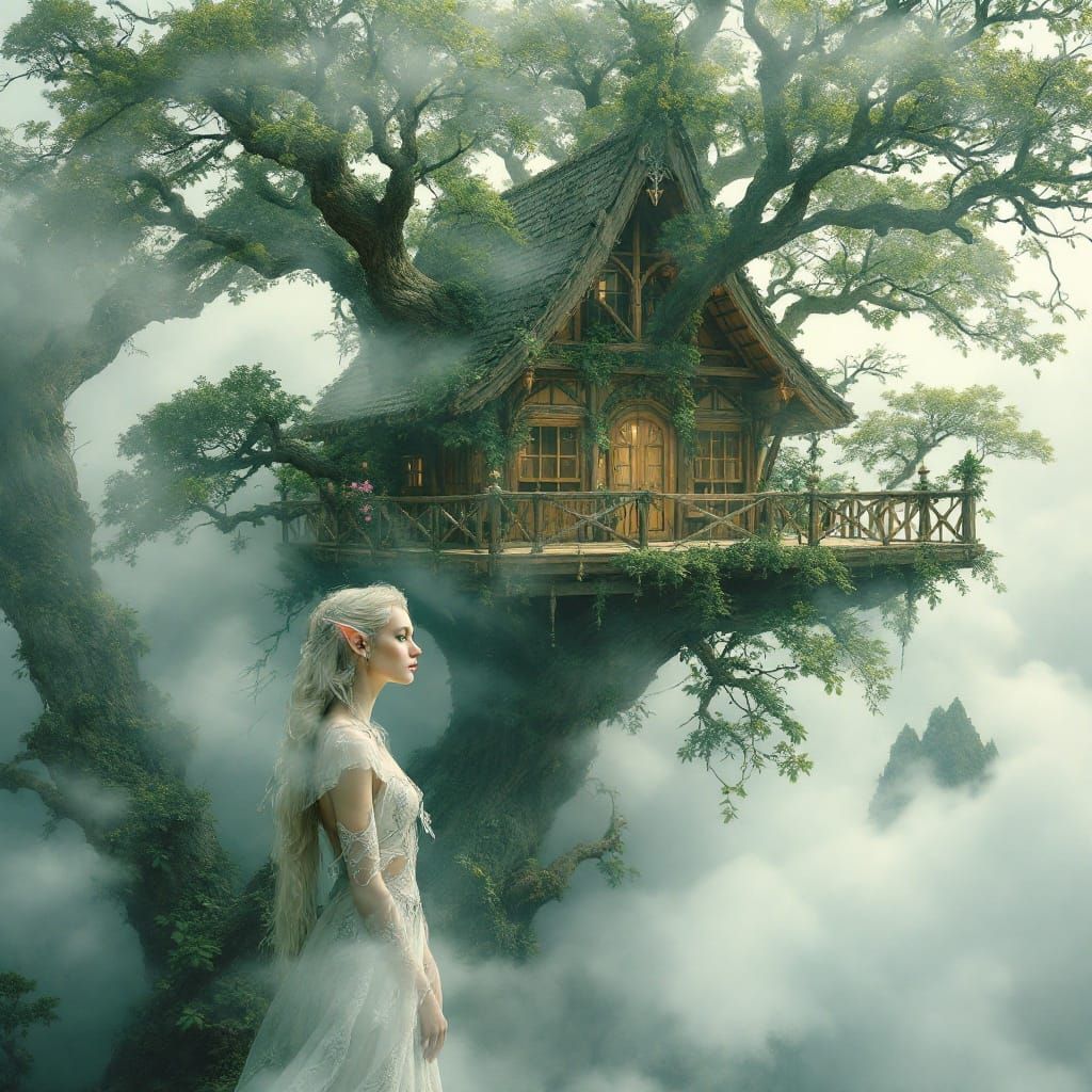 Whimsical Fantasy Elf Contemplates Clouds in Ethereal Treeto...