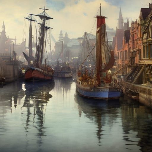 Watercolor Harbor Scene with Boats in Art Nouveau Style