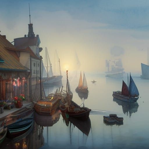 Watercolor Harbour with Boats in Art Nouveau Style